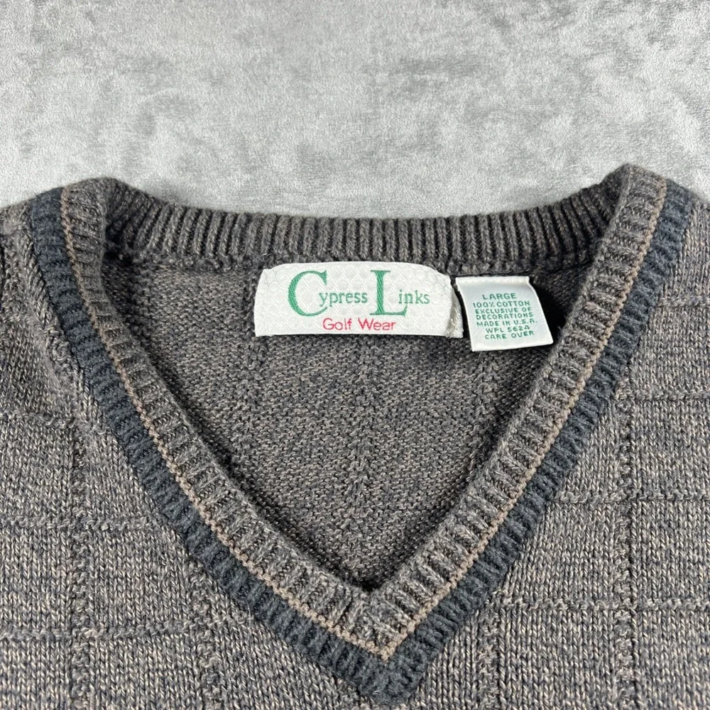 VTG Cypress Links Golf Wear Mens Large Gray Textured Grid Cotton Sweater Vest‎